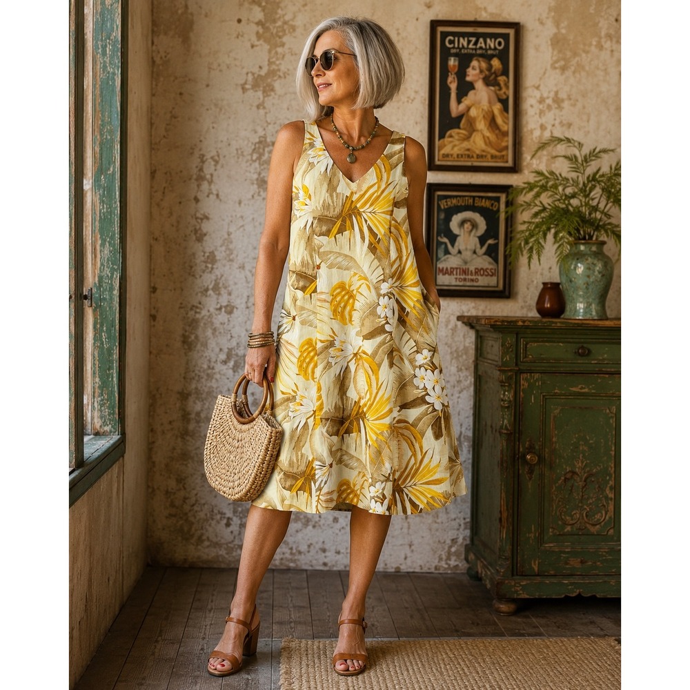 Company Ellen Tracy Womans Sz 10 100% Linen Dress Floral Tropical Sleeveless